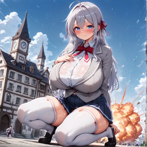 fantasy world、shy face、Female Giant、(1 million kilometer long)、、Press your chest against the school、Destruction、Destruction、Highlight the valley、徹底的に学校をDestruction、buildings collapse、masterpiece、Best Quality、、((((super huge breasts that will take your feet...