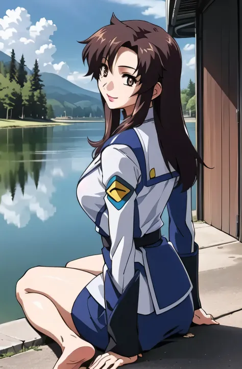please draw the back、A rainbow is reflected on the lake surface after the rain、face is absolutely necessary，Please express her hands and feet accurately,miniskirt，like a 40-year-old woman？Can you draw alone with、It's not an adult-like charm，I need a face，a...
