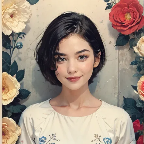 393 ((young woman)),(short hair),(Neat hair),(floral dress),(archaic smile)