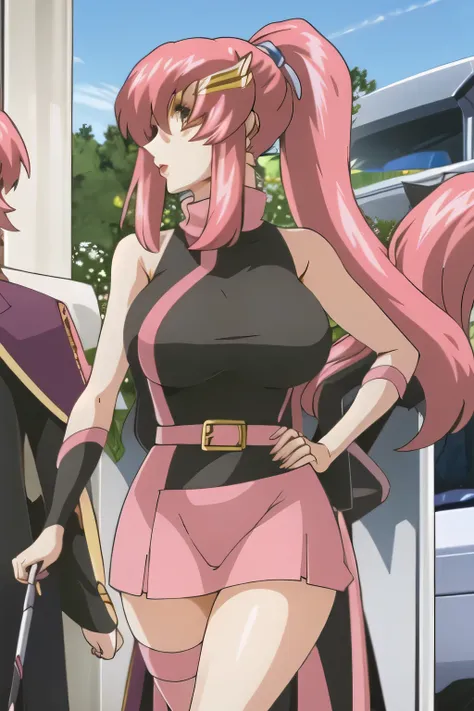 A woman with a lovely smile，pink long hair，ponytail,please draw，face is absolutely necessary，Please describe the hands and feet accurately，20-year-old mature woman with sex appeal，sleeveless sweater，Pleated Miniskirt，Pink Panties，Beautiful Legs,high heels，...