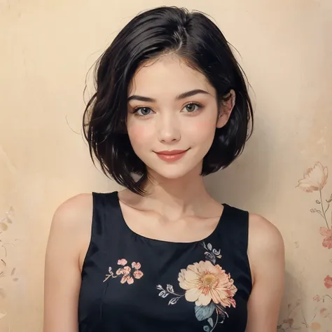 393 ((young woman)),(short hair),(Neat hair),(floral dress),(archaic smile)