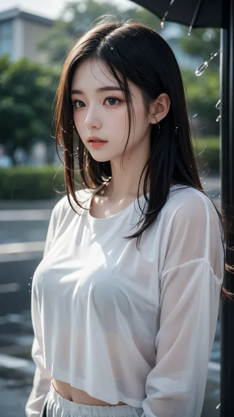 Japanese high school girl walking in the rain with strong wind blowing, her wet hair and clothes fluttering and clinging to her body, raindrops falling heavily around her, natural expression, realistic lighting, wet skin texture, cinematic and dramatic atm...