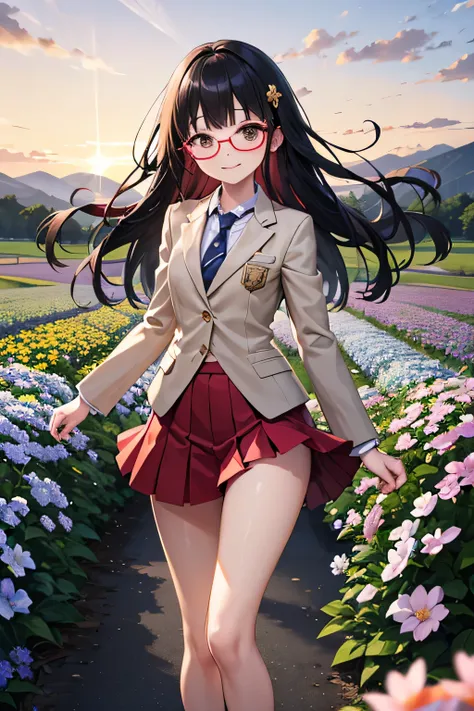 1 girl、masterpiece、Best Quality、つま先までmakes the whole body visible構図、Flower field of small light blue flowers、Flower field showing the sunset、sunset shining through a distant mountain、blue petals are dancing in the air、the glasses stand up slightly to the l...