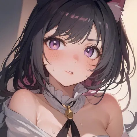 Karyl from Princess Connect! Re:Dive, close-up face, seductive gaze, flushed cheeks, parted lips, sweat on face, tousled dark hair with purple tips, cat ears with soft pink fur, violet eyes, open white shirt slipping off shoulder, black choker with golden ...