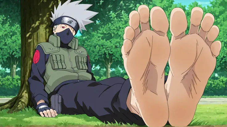 1boy, [kakashi, grey hair, covered mouth, mouth mask, red eye, scar across eye, forehead protector], barefoot, (five toes), foot focus, teasing viewer with soles of feet, y smirk, wide soles, smooth soles, meaty soles, big feet, anime screencap, anime colo...