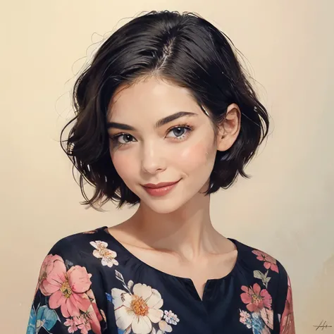 393 ((young woman)),(short hair),(Neat hair),(floral dress),(archaic smile)