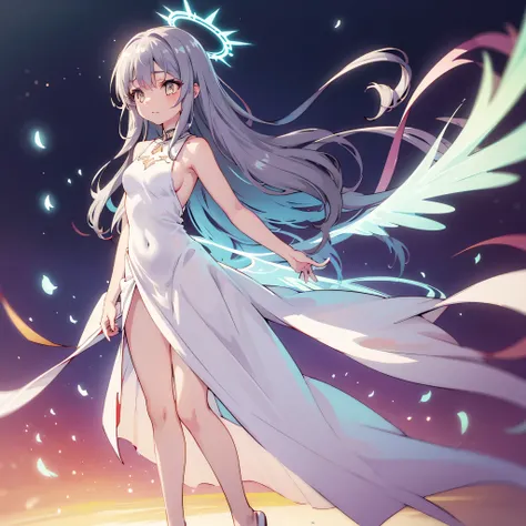 masterpiece, best quality, original flugel girl, anime style, wearing a white elegant dress with side slit and open sides, visible sideboob, glowing ethereal wings, small halo floating above head, long flowing silver hair, golden eyes, intelligent and myst...