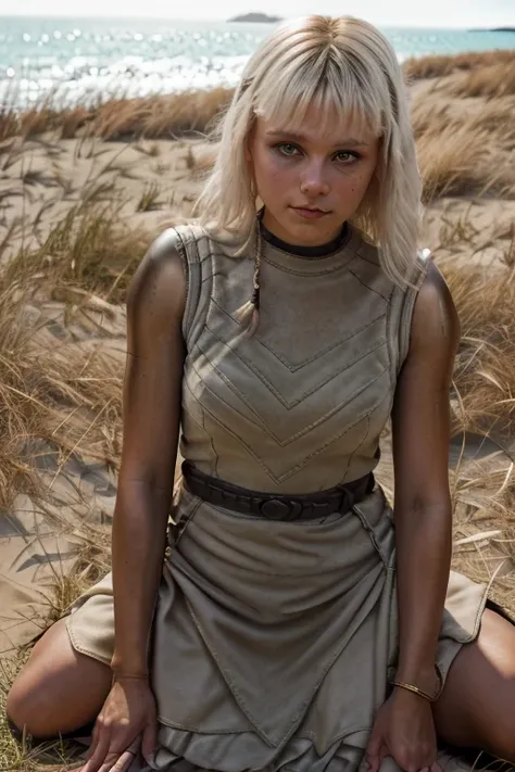 ultra detailed, a ultra detailed of 18yo girl in a sundress, blond hair,  beach, (1girl),a woman on her knees
 (Extremely detailed 8k unit CG wallpaper), photo of the most beautiful work of art in the world, majestic professional (Photograph of Steve McCur...