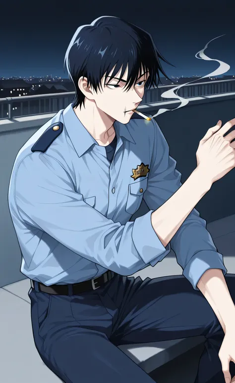 1male,solo,Touji Fushiguro,short hair,hair between eyes,bang,black eyes,Japan police,blue dresshirt,dark blue pants,Smoking,rooftop,