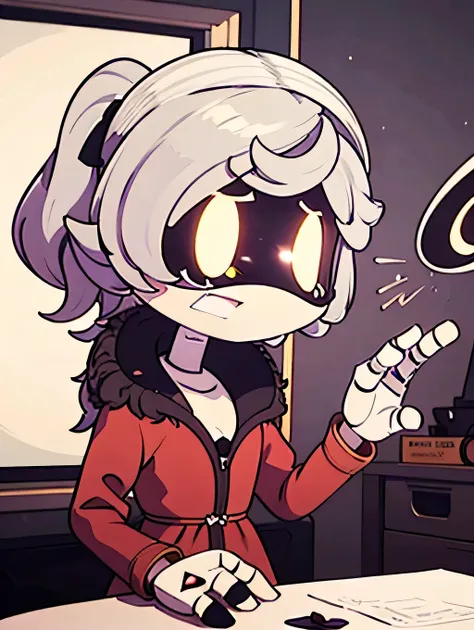 murder drones, murder drone, white hair, fluffy hair, slightly curly hair, ponytail, androgynous, winter coat, short hair, yellow eyes, one person, in room, messy hair, close-up,