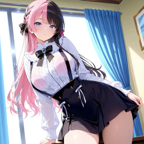 solo,masterpiece,best quality, amazing quality, highres, absurdres, very aesthetic, high resolution, ultra detailed, perfect details,Hinan0Def, blue eyes, (multicolored hair), pink hair, black hair, long hair, french braid, hair bow, black bowtie, brooch, ...