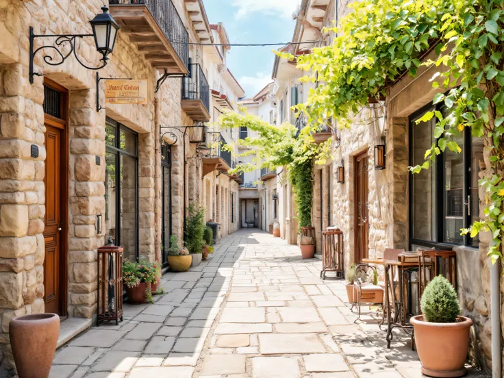 Create beautiful watercolor paintings of beautiful, natural and realistic old town scenes. There are shops on both sides of a narrow street made of stone paving and antique lamps along the walkway. The background is blurred by natural light, making the clo...