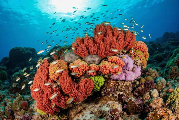 A vibrant coral formation rising from the seafloor, intricate colourful structures teeming with life. Schools of iridescent fish dart and weave through the waving fronds of red and green sea fans and sea whips, their colors shimmering in the soft, blue-gre...