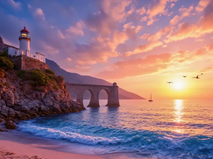 "A breathtaking seascape at sunset, with the sky painted in vibrant shades of orange, pink and purple reflected in the calm waters of the ocean. Soft waves caress a beach of white sand, dotted with smooth rocks and shells. on the left, , a white lighthouse...