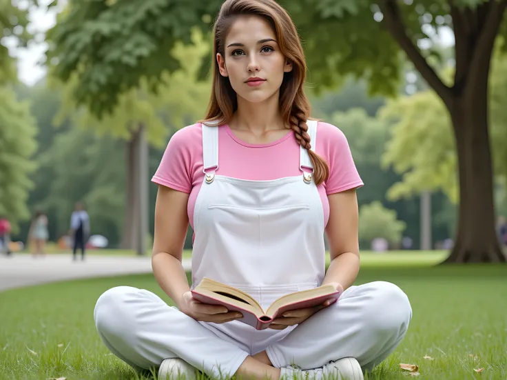 front view, She is 18 years old and slender with white skin and brown hair and brown eyes. Crown braided hair, (big breast:1.0), with pink t-shirt covered in white denim overall clothes, sitting at city park, very graceful pose depicts extraordinary beauty...