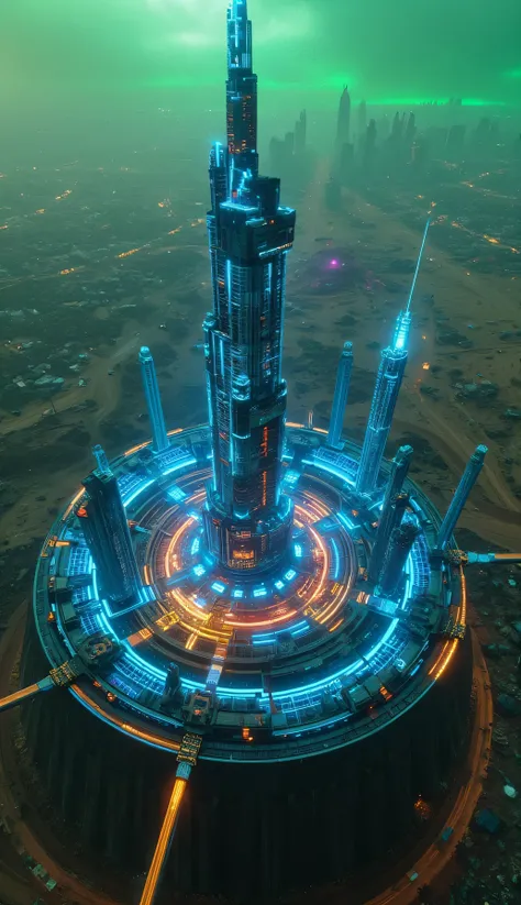 An angled top-down view of a massive circular cybernetic city, rising in concentric tiers.  
The city glows with radiant blue neon circuits and structured grids, with some zones highlighted in red, yellow, and orange light—indicating zones of energy flow a...