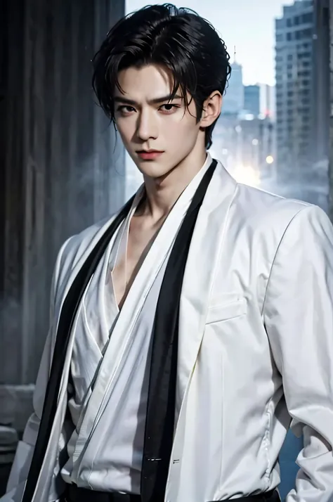 cityscape view, ((Medium Wide Shot)), 25 year old Naruto is a true masterpiece with masculine beauty, perfect anatomy. charming attractive eyes, Perfect lines, 8K quality, black hair, wearing white shirt and dark gray suit, wearing a black tie, short hair,...