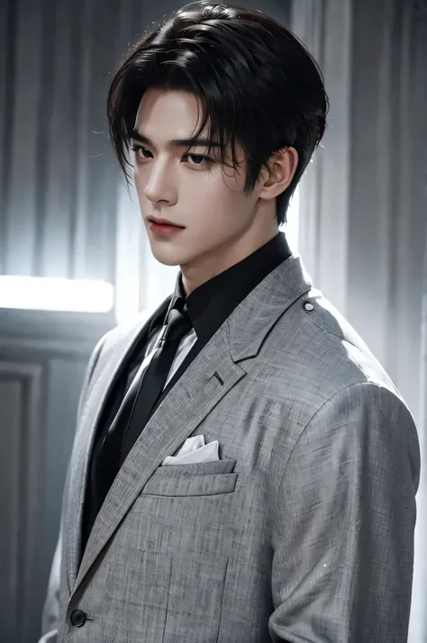 cityscape view, ((Medium Wide Shot)), 25 year old Naruto is a true masterpiece with masculine beauty, perfect anatomy. charming attractive eyes, Perfect lines, 8K quality, black hair, wearing white shirt and dark gray suit, wearing a black tie, short hair,...
