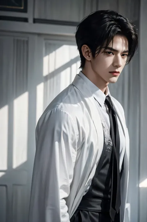 cityscape view, ((Medium Wide Shot)), 25 year old Naruto is a true masterpiece with masculine beauty, perfect anatomy. charming attractive eyes, Perfect lines, 8K quality, black hair, wearing white shirt and dark gray suit, wearing a black tie, short hair,...