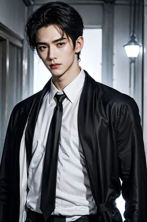 cityscape view, ((Medium Wide Shot)), 25 year old Naruto is a true masterpiece with masculine beauty, perfect anatomy. charming attractive eyes, Perfect lines, 8K quality, black hair, wearing gray shirt and black trench coat, wearing a black tie, short hai...