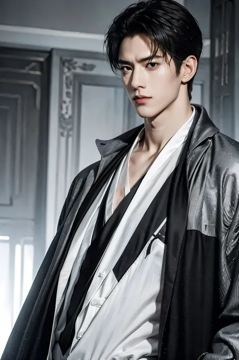 cityscape view, ((Medium Wide Shot)), 25 year old Naruto is a true masterpiece with masculine beauty, perfect anatomy. charming attractive eyes, Perfect lines, 8K quality, black hair, wearing gray shirt and black trench coat, wearing a black tie, short hai...