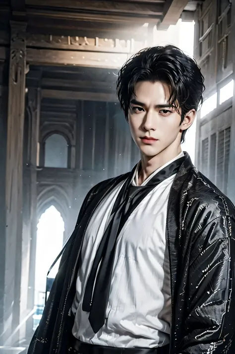cityscape night view, ((Medium Wide Shot)), 25 year old Naruto is a true masterpiece with masculine beauty, perfect anatomy. charming attractive eyes, Perfect lines, 8K quality, black hair, wearing gray shirt and black trench coat, wearing a black tie, sho...