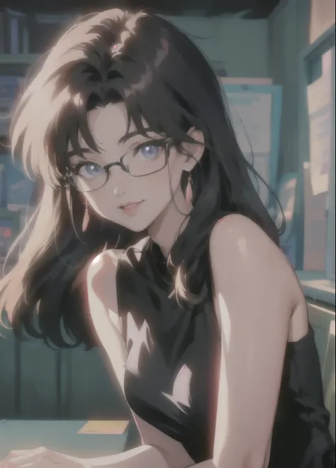 90s Anime Style，Masterpiece，best quality，Highest Quality，realisticlying，perfect anatomy，Perfect face shape，perfect eyes，Long Lashes，big eyes，glasses， red lips，Lipstick，Business Suit，1 girl， solo，tan haired，Shirt-style dress ，blue eyes，Hairband，（long black ...
