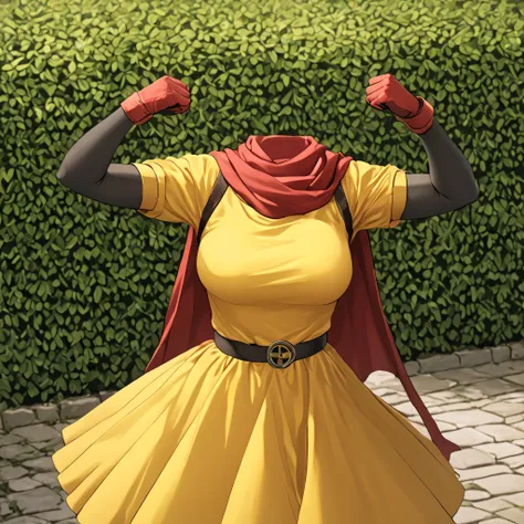 cape, dress, gloves, pantyhose, yellow dress, scarf, short sleeves, in garden, fighting pose, (invisible:1.5, no humans:1.5, headless:1.5, faceless:1.5), cute big huge breasts, detailed cloth texture, extremely details, close-up to breasts, (Best-quality, ...