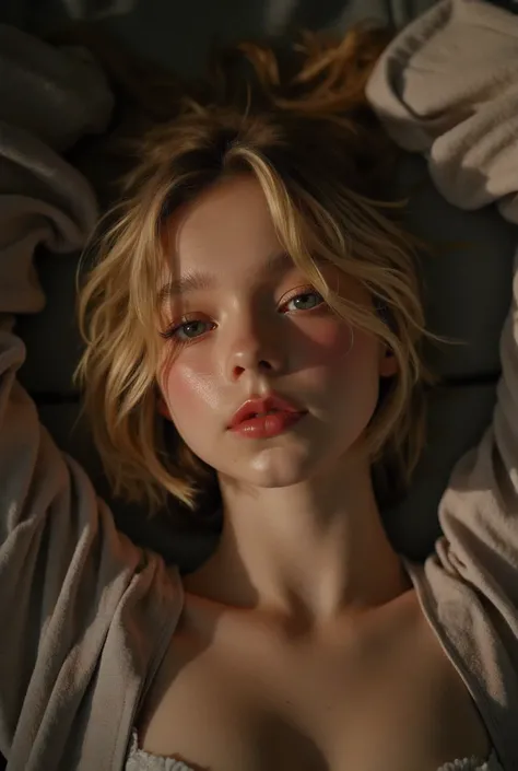 (full body photo, age 14, naked:1.9), beautiful gorgeous very cute petit short-blonde-hair girl lying, on her back, fantasizing about sex, close up, shiny skin, (orgasm face), half-closed eyes, open mouth, pain expression, too much pleasure, biting lip, ...