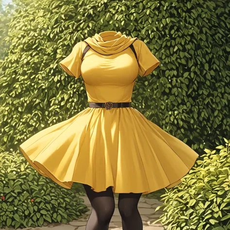 cape, dress, gloves, pantyhose, yellow dress, scarf, short sleeves, in garden, fighting pose, (invisible:1.5, no humans:1.5, headless:1.5, faceless:1.5), cute big huge breasts, detailed cloth texture, extremely details, close-up to breasts, (Best-quality, ...