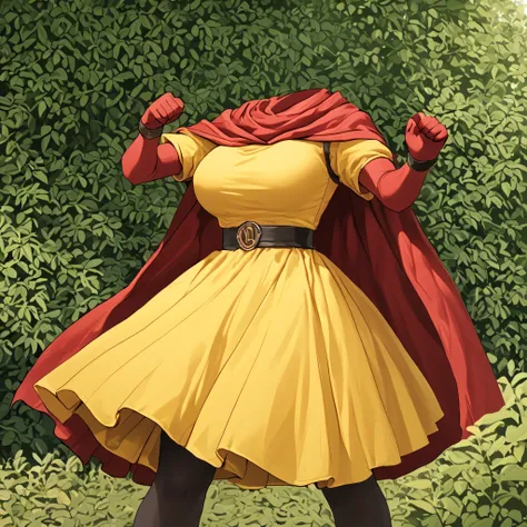 cape, dress, gloves, pantyhose, yellow dress, scarf, short sleeves, in garden, fighting pose, (invisible:1.5, no humans:1.5, headless:1.5, faceless:1.5), cute big huge breasts, detailed cloth texture, extremely details, close-up to breasts, (Best-quality, ...