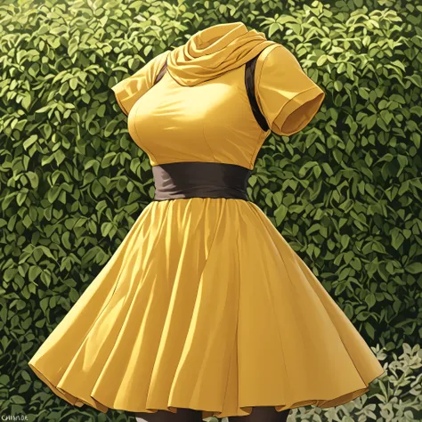 cape, dress, gloves, pantyhose, yellow dress, scarf, short sleeves, in garden, fighting pose, (invisible:1.5, no humans:1.5, headless:1.5, faceless:1.5), cute big huge breasts, detailed cloth texture, extremely details, close-up to breasts, (Best-quality, ...