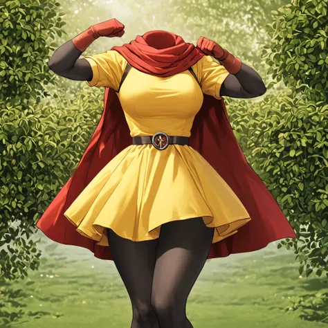 cape, dress, gloves, pantyhose, yellow dress, scarf, short sleeves, in garden, fighting pose, (invisible:1.5, no humans:1.5, headless:1.5, faceless:1.5), cute big huge breasts, detailed cloth texture, extremely details, close-up to breasts, (Best-quality, ...