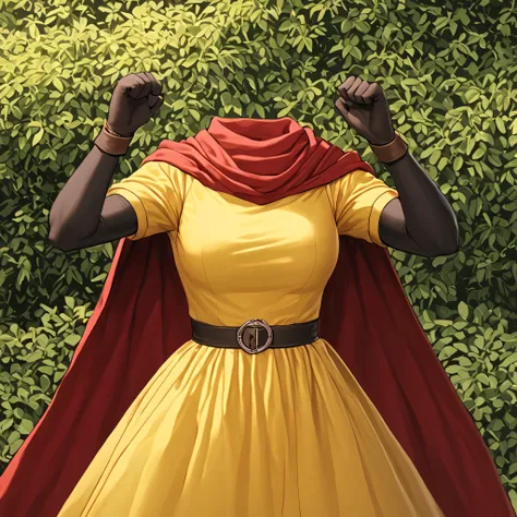 cape, dress, gloves, pantyhose, yellow dress, scarf, short sleeves, in garden, fighting pose, (invisible:1.5, no humans:1.5, headless:1.5, faceless:1.5), cute big huge breasts, detailed cloth texture, extremely details, close-up to breasts, (Best-quality, ...