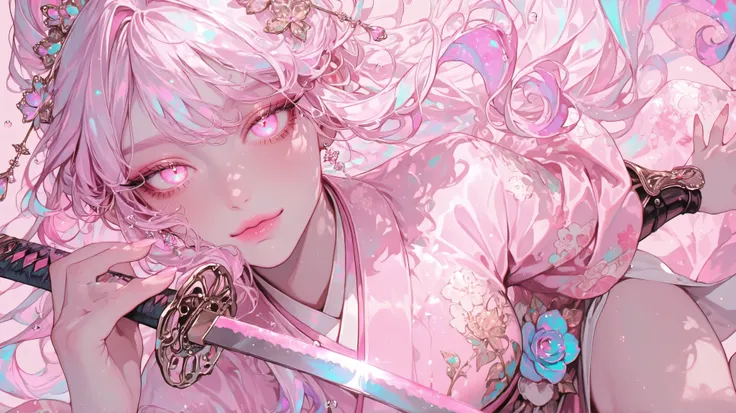 Girl, beauty, whimsical, pencil skirt, dynamic pose, flowing extra long hair, A young woman poses confidently, wearing an ornate pink kimono with floral patterns and matching arm guards. She holds a katana with both hands, exuding a fierce yet graceful pre...