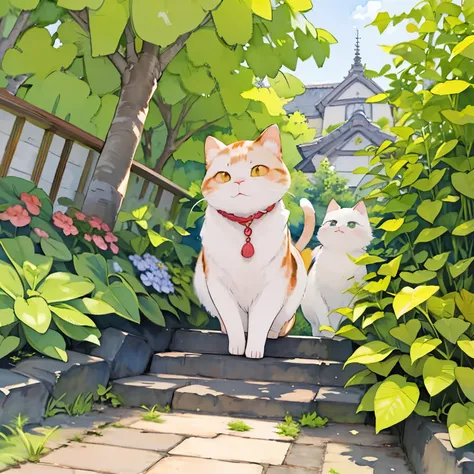 (masterpiece),(Best Quality),( Very detailed),( Athletes ),((Line Art)),((watercolor)),16 kg, Wallpaper,三毛猫のVery detailedな絵、 details 、 Very detailed猫、 Calico cat walking in my garden、 calico Munchkin walking along a walking path relaxing on a stone st...