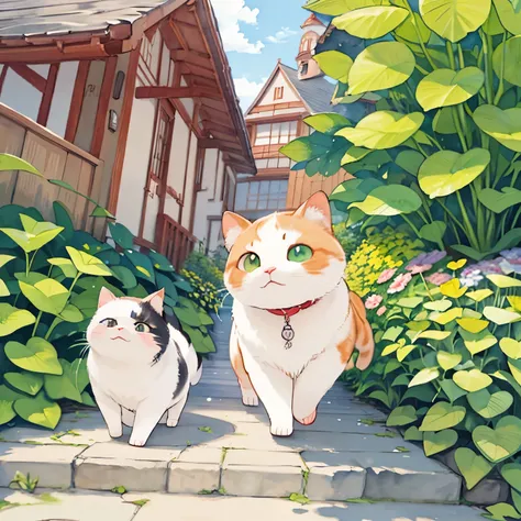 (masterpiece),(Best Quality),( Very detailed),( Athletes ),((Line Art)),((watercolor)),16 kg, Wallpaper,三毛猫のVery detailedな絵、 details 、 Very detailed猫、 Calico cat walking in my garden、 Munchkins relaxing on stone steps、 Old Japanese cityscape 、Cats Wal...