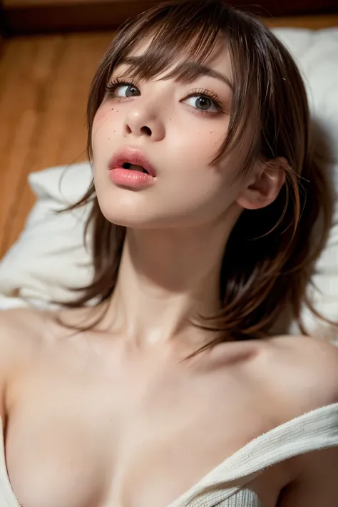in a lavish bedrrom, a young- lady, lying down on her back, situation as if holding something in her mouth, looking up direct above, with mouth wide open, sucking with the mouth, throating, watery lips, drooling a lot, begging, troubled face, painful, blan...
