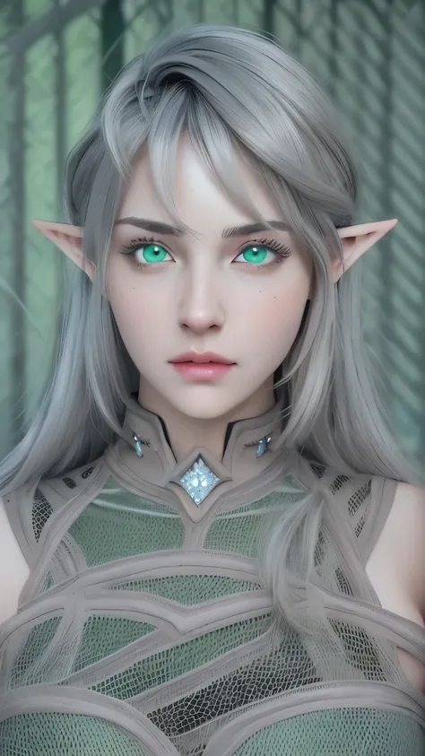 (Photorealistic: 1.5),grey hair, beautiful detailed green eyes,pointy ears,diamond shaped head, beautiful face,retain her hairstyle