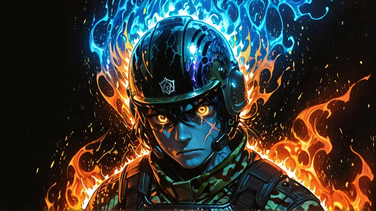 Thai soldiers、In the middle of the forest, Feelings Exist, blue aurora burst out of the eyes., Heroes in the Shadows, front view, Half-man image, Warrior Spirit, Very handsome, 20 years old, Asian,Wearing Green Camouflage Suit, Scar on left eye, Blind left...
