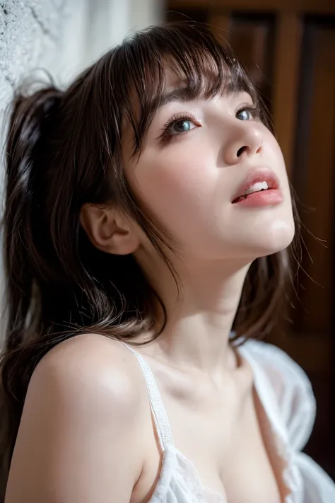 in a lavish bedrrom, a young lady, lying on her back, situation as if holding something in her mouth, looking up direct above, with mouth wide open, sucking with the mouth, throating, watery lips, begging, troubled face, painful expression, teary-eyed, tee...