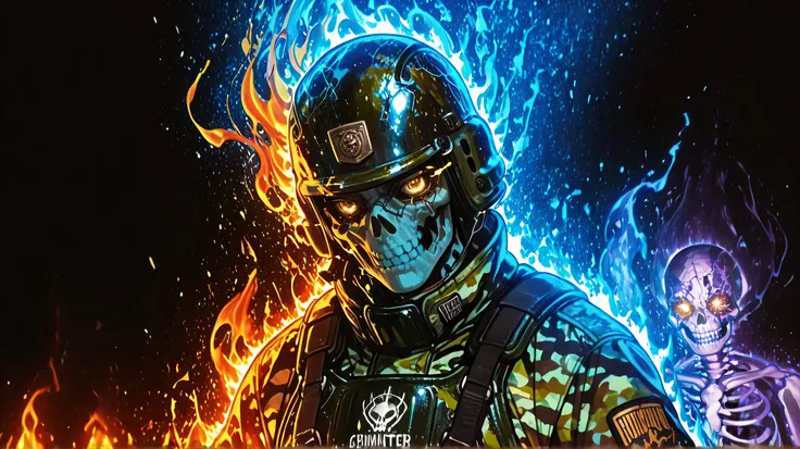 Thai soldiers、In the middle of the forest, Feelings Exist, blue aurora burst out of the eyes., Heroes in the Shadows, front view, Half-man image, Warrior Spirit, Skeleton, a living skeleton, , wearing a lush green camouflage suit., Scar on left eye, Blind ...