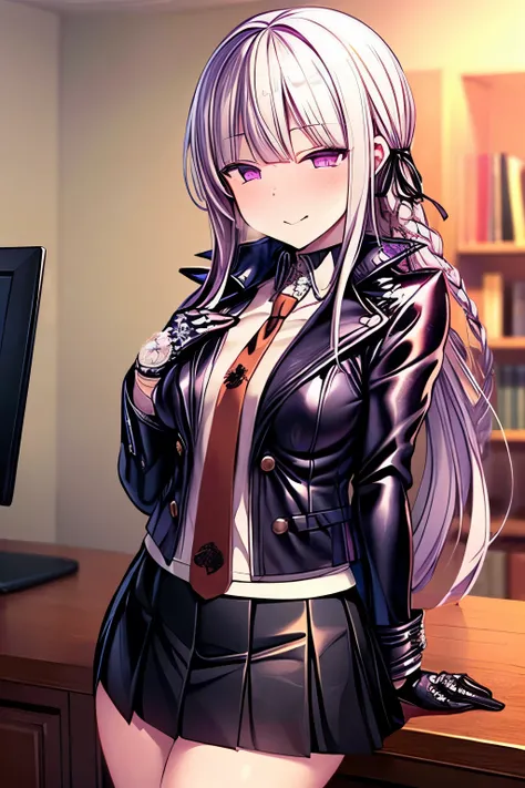 ((masterpiece))), ((best quality)), (ultra-detailed), ((an extremely delicate and beautiful)),(unity 8k wallpaper),Kyoko, purple eyes, purple hair, long hair, braid,black gloves, purple jacket, purple skirt, brown necktie, white shirt,