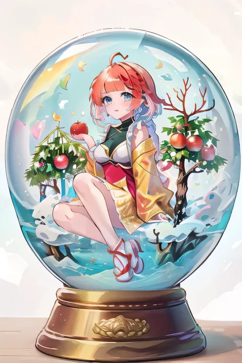 ((top quality)), ((masterpiece)), (Details), 1 girl。blunt bangs。Short Hair。braided ponytail。ahoge。cute barrettes。(smaller breasts)。lips。Paradise。Apple Tree。Holding an apple。white peplos。snow globe。