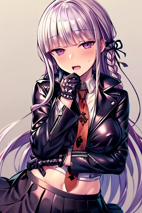 ((masterpiece))), ((best quality)), (ultra-detailed), ((an extremely delicate and beautiful)),(unity 8k wallpaper),Kyoko, purple eyes, purple hair, long hair, braid,black gloves, purple jacket, purple skirt, brown necktie, white shirt,(hand on own chin),op...