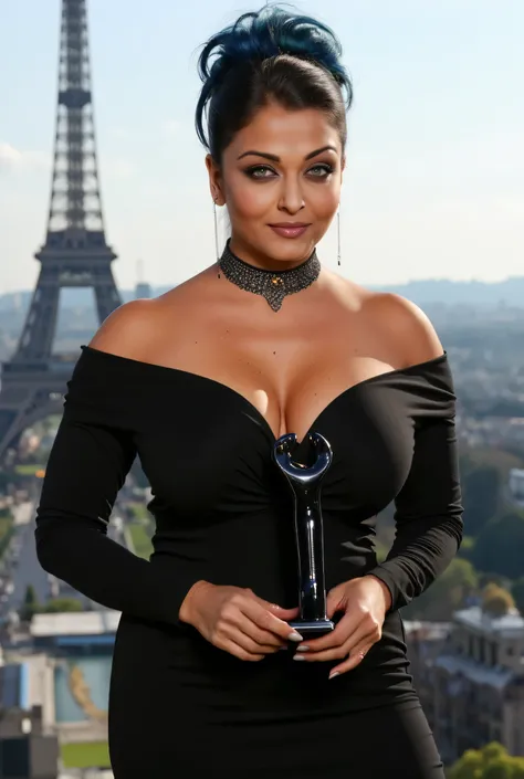 SEXIEST 50YO MATURE MILF AISHWARYA RAI as (((SEXY SENSUOUS MATURE MILF))), (((FLIRTATIOUS MISCHIEVOUS STARE))), ((((HEAVY SMOKY EYES MAKEUP WITH ARCHED EYEBROWS AND "MILF" CHOKER IN NECK)))), (((MESSY HIGH PONYTAIL SLICKED BACK HAIR WITH BLUE COLOURED HIGH...