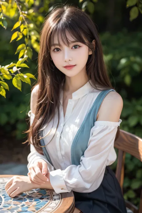 a young woman sitting on a chair beside a round table outdoors、and the dark hair is well-groomed, wearing a white blouse and black skirt with pleated details on the shoulders、Her posture is relaxed, with her hands gently resting on her lap、The table has an...