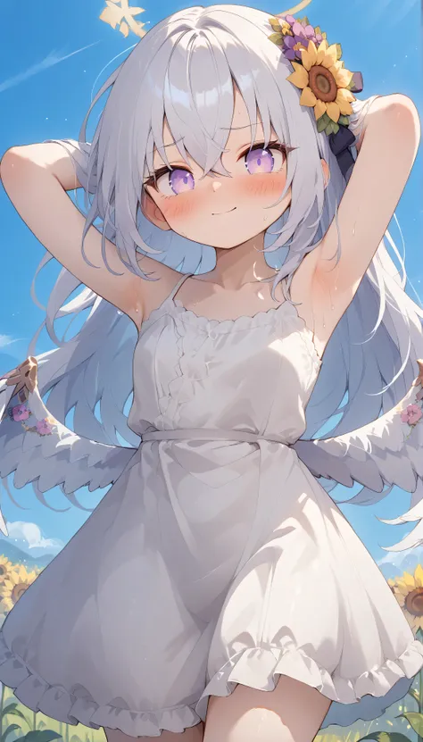 azusa (blue archive),purple eyes,white hair,long hair,wings,hair flower,halo,　solo, I can see my eyebrows from the inside of my hair, hair between eyes,　 is embarrassing, masterpiece, Best Quality, very aesthetic, thick thighs, Wide pelvis, sleeveless whit...