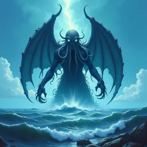 Cthulhu at Sea, blue sky, close shot