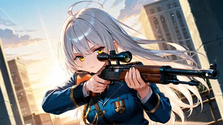 score_9, score_8_up, score_7_up, beautiful fingers, beautiful hands, fingertip, 1 girl, solo, silver hair, long hair, ahoge, golden eyes, military uniform, aiguillette, M1 Garand, scope, aiming, serious, solo focus, Dutch angle shot, upper body, dynamic po...